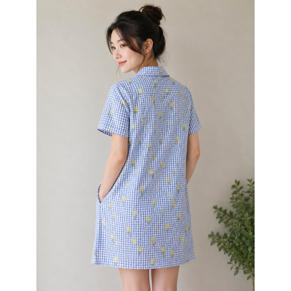 Ann Mashburn Women's Small Blue Gingham Floral Popover Shirt Dress Pockets Swish - Picture 13 of 14